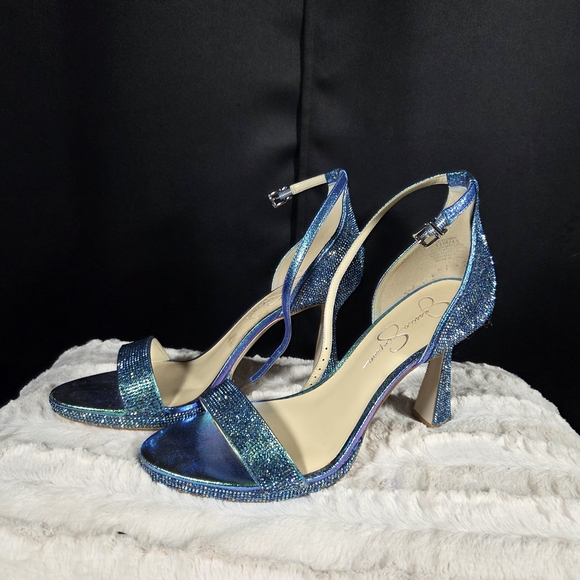 Jessica Simpson Plumpi Mermaid Blue Glitter Heels Sandals 11m - Picture 1 of 4